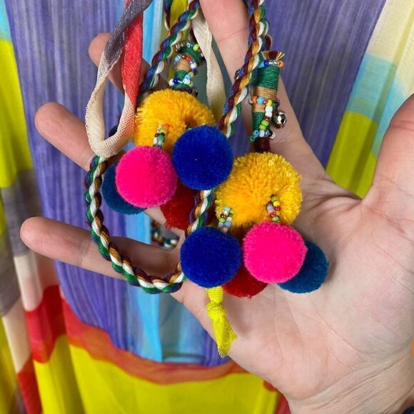 Petit Pois Viviana G Sheer Mesh Poncho XS | Striped Beaded Pom Pom Boho Top - Picture 7 of 11